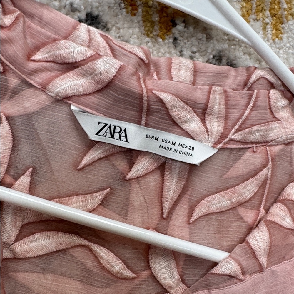 ZARA Sheer Embroidered Midi Dress Pink Floral Beach Coverup Oversized Resort - Picture 4 of 6